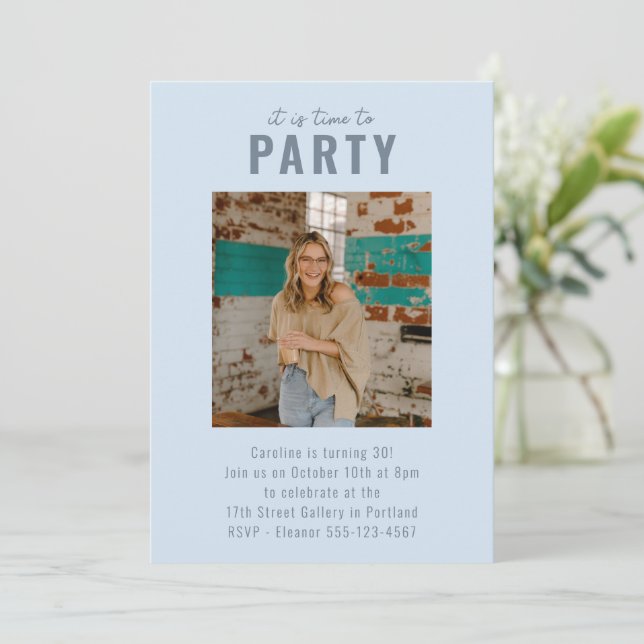 Light Blue Bold Photo Milestone Birthday Party Invitation (Standing Front)