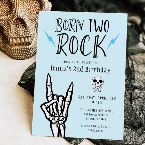 Light Blue Born Two Rock 2nd Birthday Party Invitation