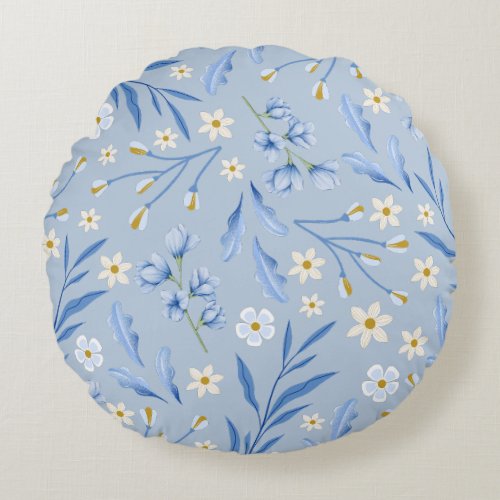 Light Blue Botanical Round Pillow