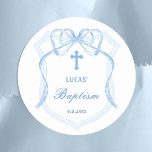 Light Blue Bow Crest Baptism Classic Round Sticker