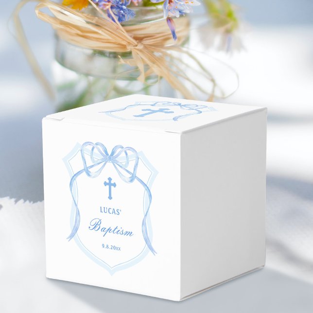Light Blue Bow Crest Baptism Cube Favor Boxes (Creator Uploaded)