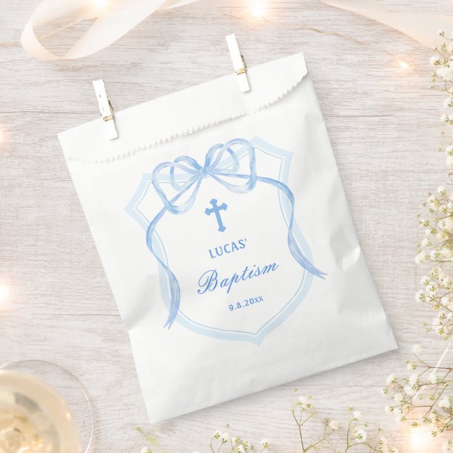 Light Blue Bow Crest Baptism Favor Bag (Clipped)