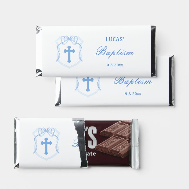 Light Blue Bow Crest Baptism Hershey Bar Favors (Front)