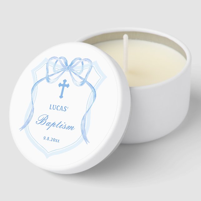 Light Blue Bow Crest Baptism Mini Candle Favors (Corner)