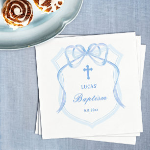 Light Blue Bow Crest Baptism Napkins