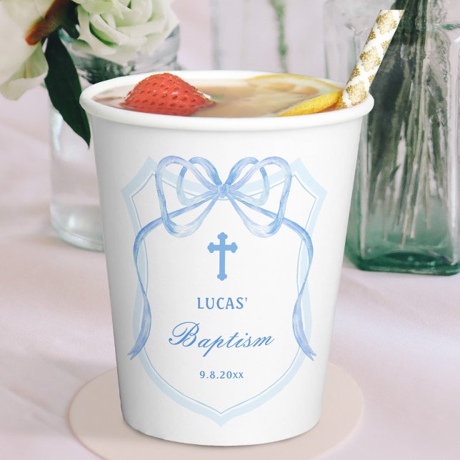 Light Blue Bow Crest Baptism Paper Cups (Creator Uploaded)