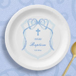 Light Blue Bow Crest Baptism Paper Plates<br><div class="desc">simple elegant Baptism paper plates</div>