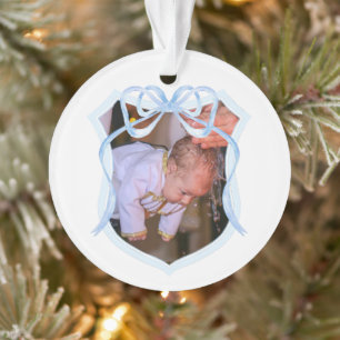 Light Blue Bow Crest Baptism Photo Ornament