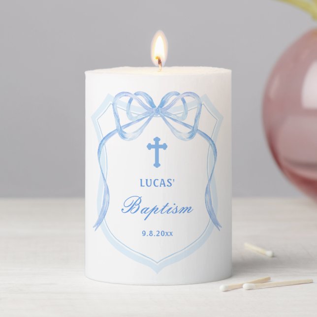 Light Blue Bow Crest Baptism Pillar Candle (In Situ)