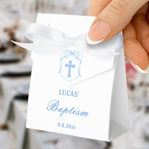 Light Blue Bow Crest Baptism Tent Favor Boxes