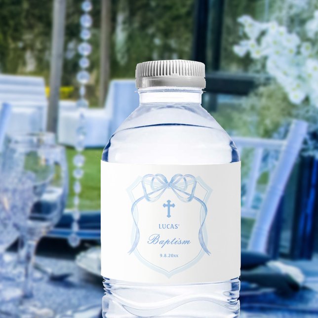 Light Blue Bow Crest Baptism Water Bottle Label (Creator Uploaded)