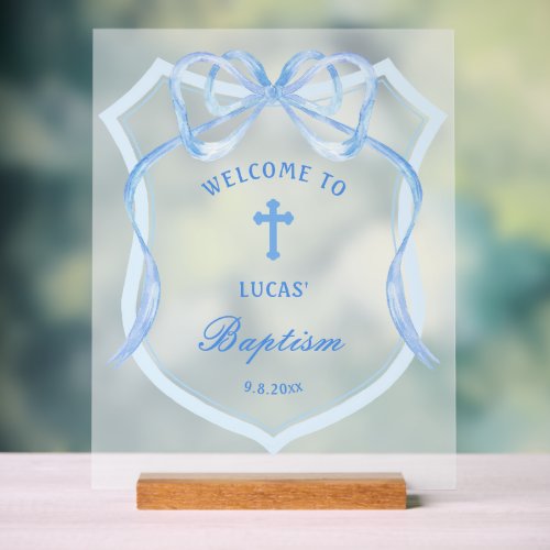 Light Blue Bow Crest Baptism Welcome Acrylic Sign