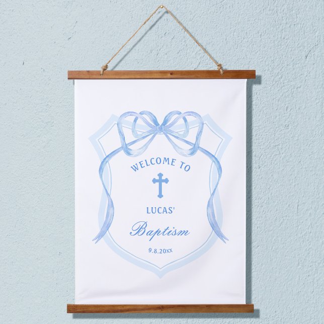 Light Blue Bow Crest Baptism Welcome Hanging Tapestry (Creator Uploaded)