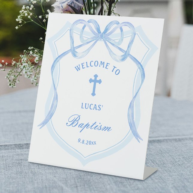 Light Blue Bow Crest Baptism Welcome Pedestal Sign (Creator Uploaded)