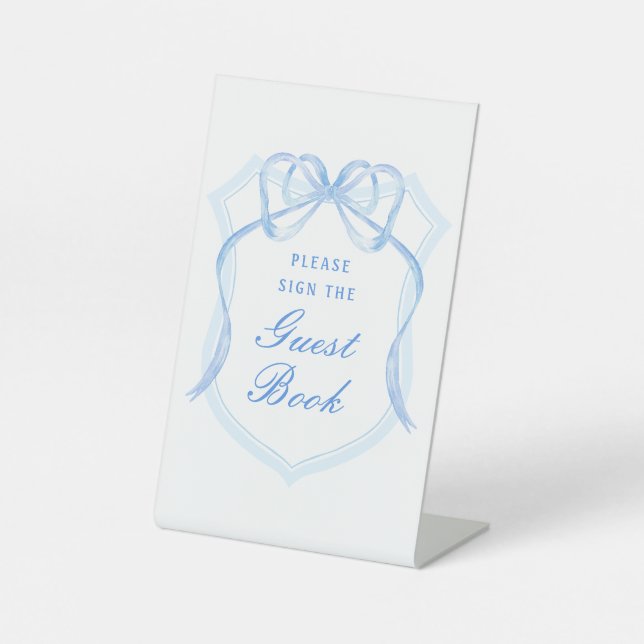 Light Blue Bow Crest Guest Book Pedestal Sign (Front)