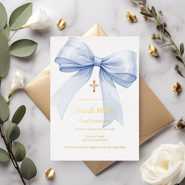 Light blue bow girl Confirmation gold foil Invitation (Creator Uploaded)