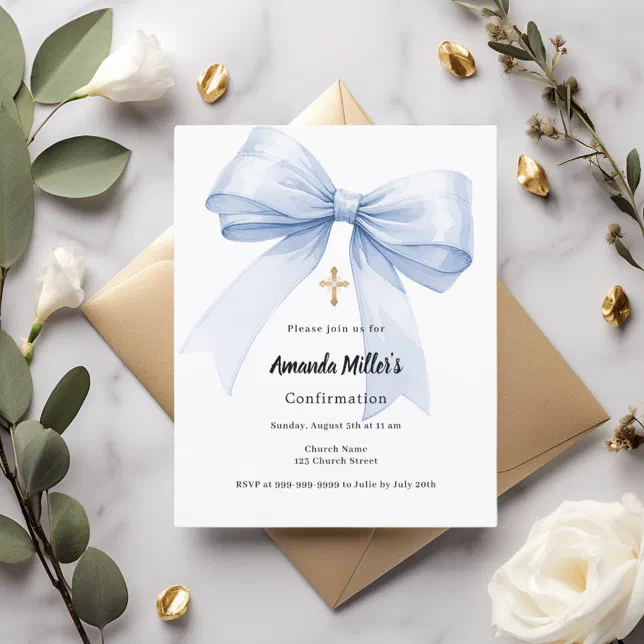 Light blue bow girl Confirmation invitation | Zazzle