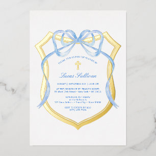 Light Blue Bow Gold Crest Baptism Foil Invitation