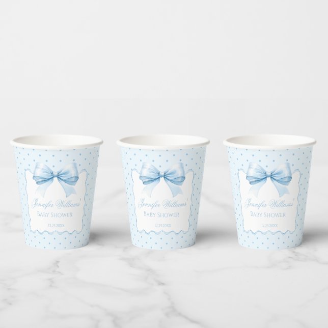 Light blue bow ribbon baby boy shower paper cups (Multi)
