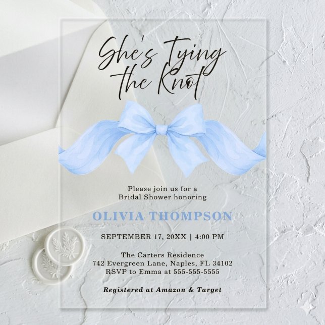 Light Blue Bow She's Tying the Knot Bridal Shower Acrylic Invitations (Creator Uploaded)