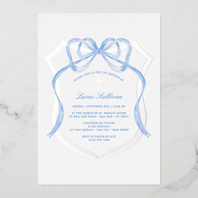Light Blue Bow Silver Crest Baptism Foil Invitation (Front)