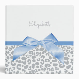 Light Blue Bow With Trendy Leopard Print and Name 3 Ring Binder