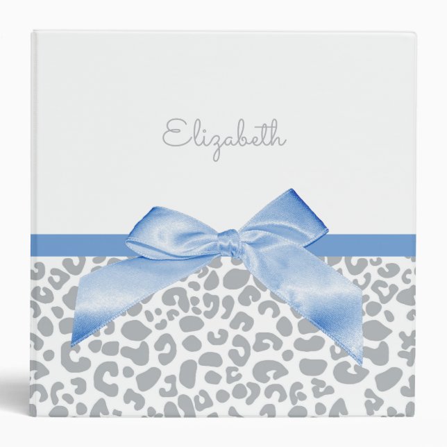 Light Blue Bow With Trendy Leopard Print and Name 3 Ring Binder (Front)