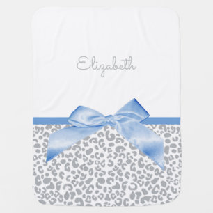 Light Blue Bow With Trendy Leopard Print and Name Baby Blanket