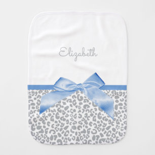 Light Blue Bow With Trendy Leopard Print and Name Baby Burp Cloth