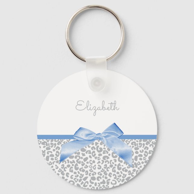 Light Blue Bow With Trendy Leopard Print and Name Keychain (Front)
