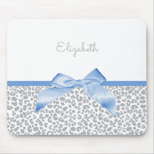 Light Blue Bow With Trendy Leopard Print and Name Mouse Pad