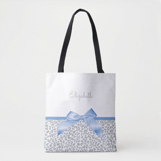 Light Blue Bow With Trendy Leopard Print and Name Tote Bag (Front)