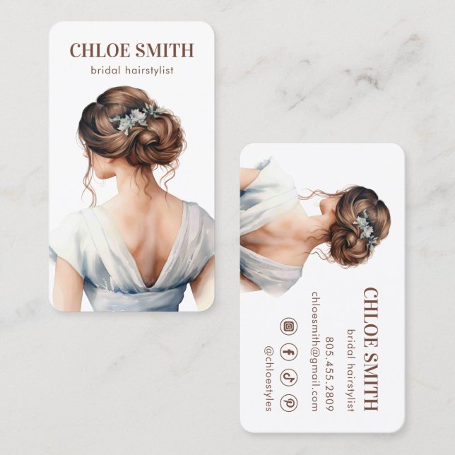 Light Blue Brown Bride Bridal Hairstylist Wedding Business Card (Front/Back)