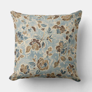 Light Blue Brown Cottage Floral Throw Pillow