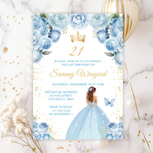 Light Blue Brown Hair Princess Birthday Party Invitation