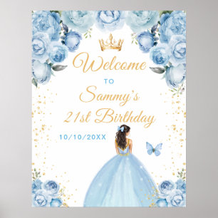 Light Blue Brunette Hair Princess Birthday Welcome Poster