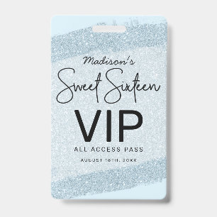 Light Blue Brush Glitter Sweet 16 Invitation VIP Badge