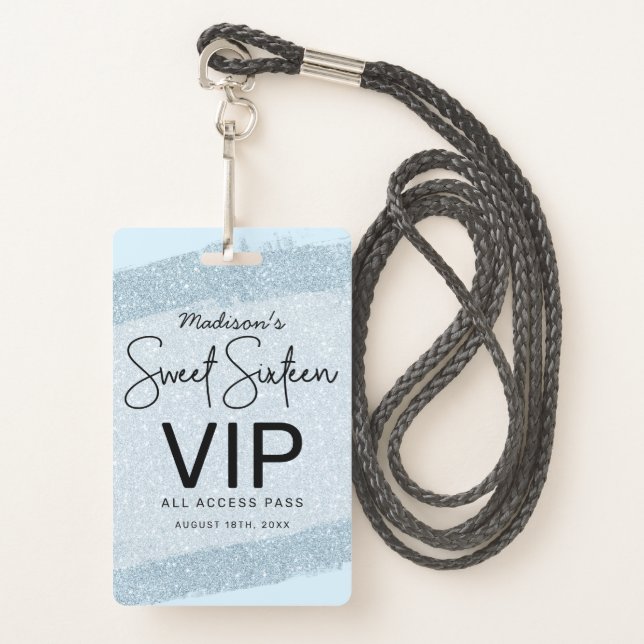Light Blue Brush Glitter Sweet 16 Invitation VIP Badge (Front with Lanyard)