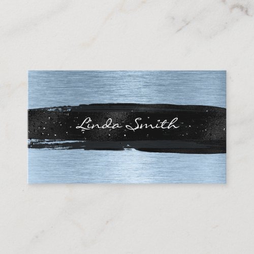 Light Blue Brushed Metal Foil Black Brush Stroke Business Card