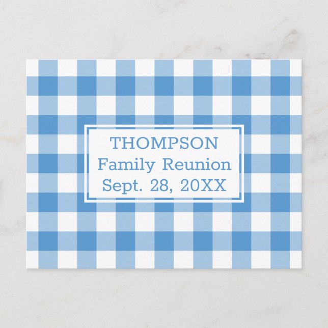 Light Blue Buffalo Check Name Family Reunion Party Invitation Postcard (Front)