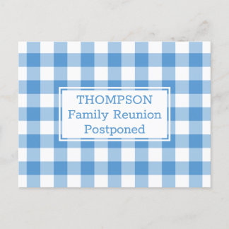 Light Blue Buffalo Check Postponed Family Reunion Announcement Postcard