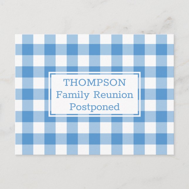 Light Blue Buffalo Check Postponed Family Reunion Announcement Postcard (Front)