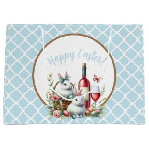 Light blue Bunny & Wine Watercolor Large Gift Bag