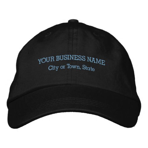 Light Blue Business Name on Adjustable Black Embroidered Baseball Cap