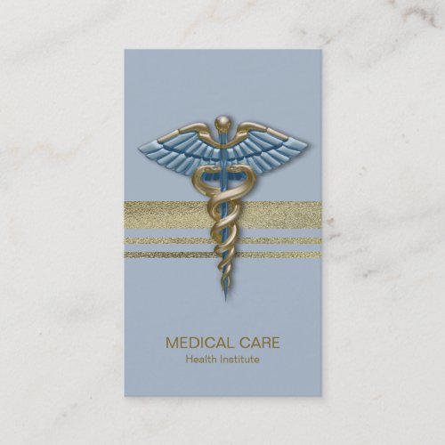 Light Blue Caduceus Faux Gold Foil Stripes Medical Business Card