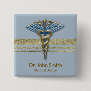 Light Blue Caduceus Faux Gold Foil Stripes Medical Button