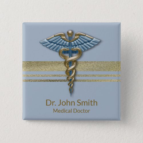 Light Blue Caduceus Faux Gold Foil Stripes Medical Button