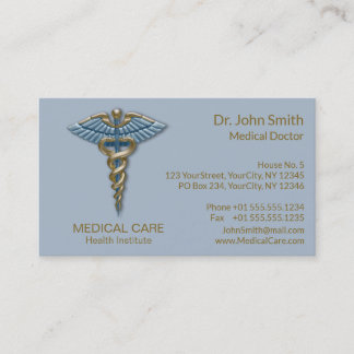 Light Blue Caduceus Medical Faux Gold Foil Stripes Business Card