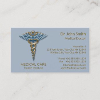 Light Blue Caduceus Medical Faux Gold Foil Stripes Business Card by SorayaShanCollection at Zazzle