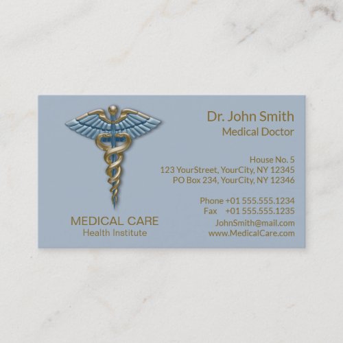 Light Blue Caduceus Medical Faux Gold Foil Stripes Business Card